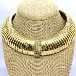 VINTAGE OMEGA Necklace Jumbo Collar Rhinestone Center Ribbed 80s Runway Necklace